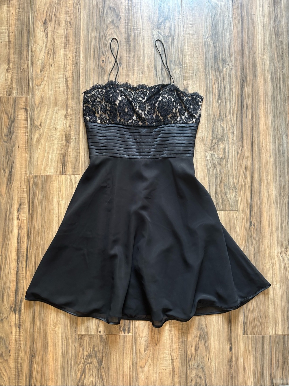 David's Bridal black lace spaghetti strap mini dress with zipper back. Size 14